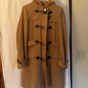 Hooded, belted Tan Long Peacoat, Size 12
